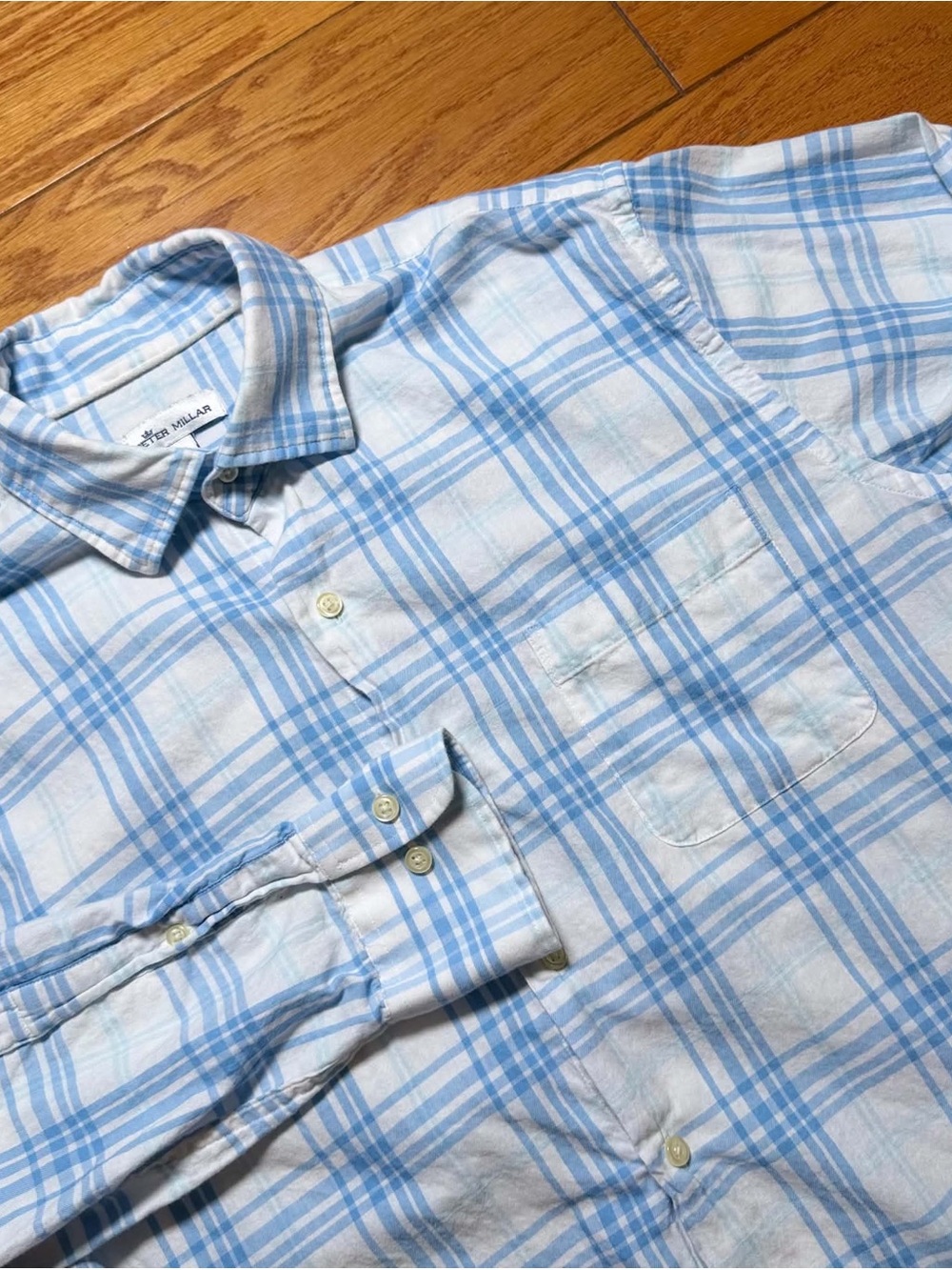 Peter Millar Light Blue and White Plaid Button-Down Shirt